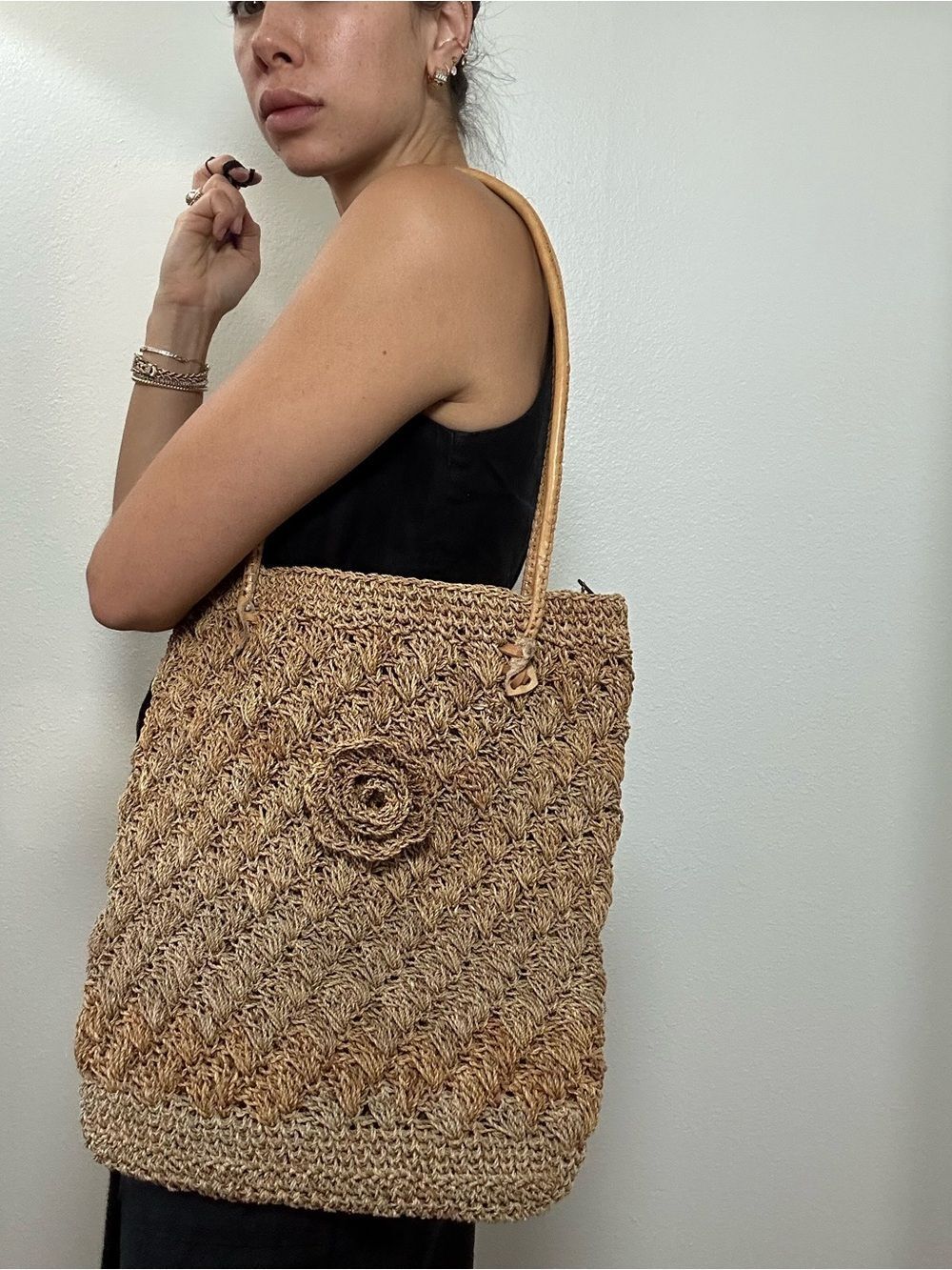 Brown Beige Woven Straw Handmade Tote Bag with Flower Accent & Leather Strap
